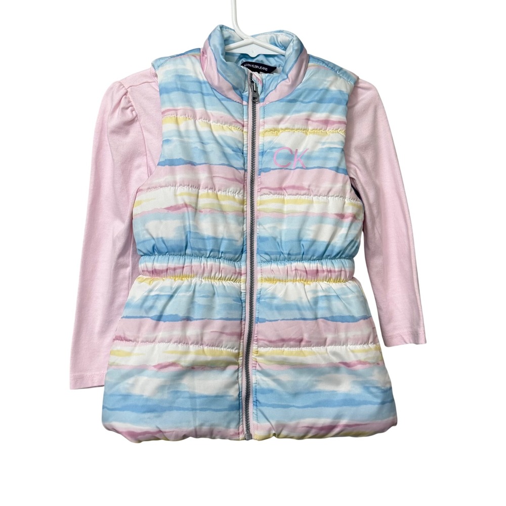 Calvin Klein Jeans Kids Girls 2pc Puffer Vest and Long Sleeve Shirt Set Pink 4T